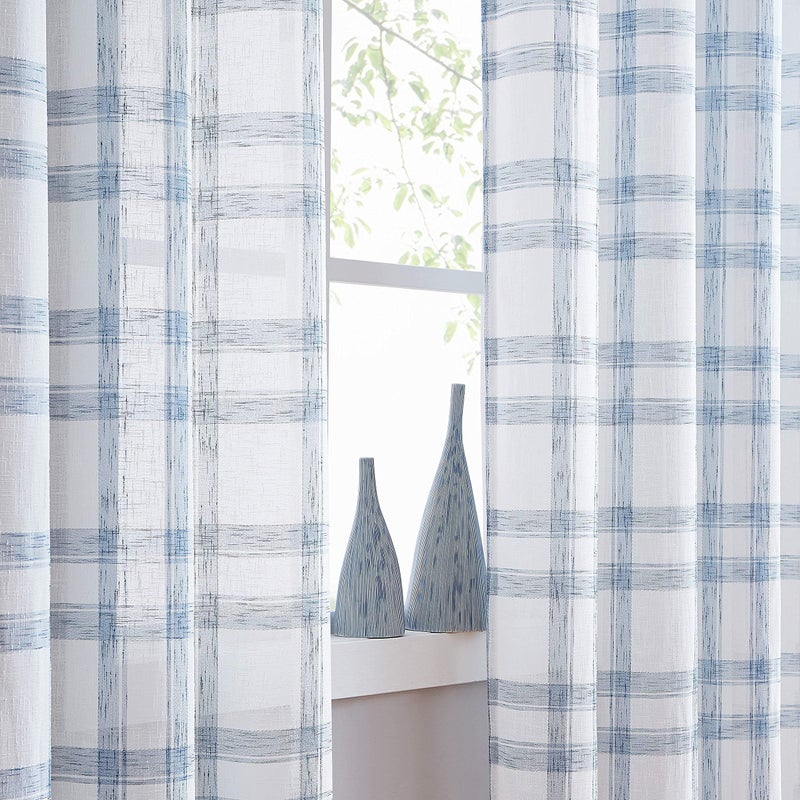 Randall Buffalo Plaid Semi Sheer Curtains for Living Room Linen-Look Geometric Light Filtering Dining Room Window Drape for Farmhouse Bedroom Study Room,Blue/White,54x84 inch Long,2 Panels - Image 3